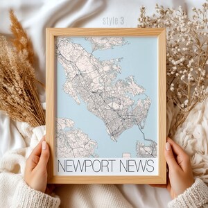 Cadeau carte Newport News Virginie - impression d'art ville personnalisée, décoration murale nautique, décoration d'intérieur côtière, souvenir unique en Virginie