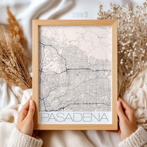 Cadeau carte de Pasadena en Californie : impression d'art de la ville de style vintage, décoration murale de quartier unique, souvenir parfait et décoration de maison