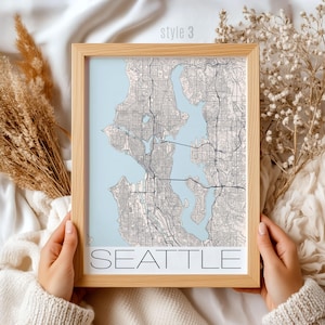 Kaartafdruk Seattle-Washington: muurkunst moderne stad, gedetailleerde poster staat Washington, woondecoratiecadeau voor reisliefhebbers