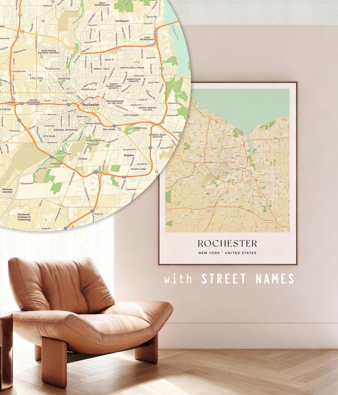 Rochester NY Map Art Print – Detailed City Street Names Decor - Etsy