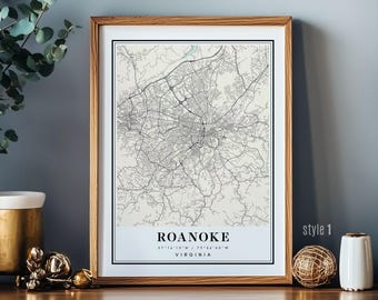 Roanoke VA Virginia Map wall art city poster print decor
