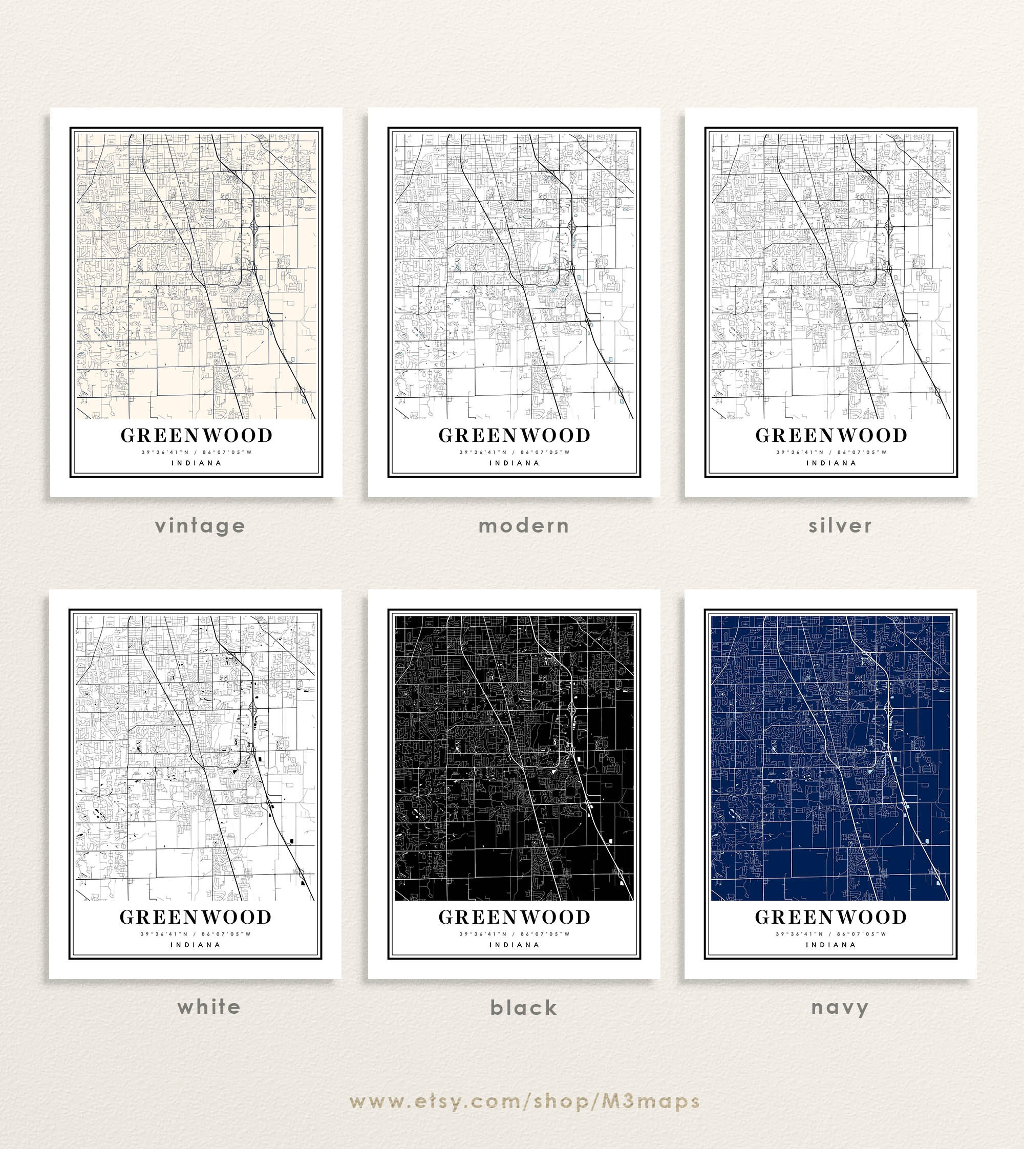 Greenwood Indiana Map Greenwood IN Map Greenwood City Map Etsy