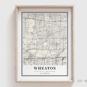May include: Vintage style map print of Wheaton, Illinois. The map shows the city streets and features the coordinates 41°51'22"N / 88°04'30"W.