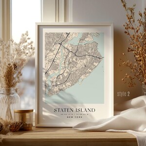 Impression de carte de Staten Island NY, art mural vintage de la ville de New York, décoration d'intérieur de Staten Island, cadeau pour les amateurs de New York, affiche de carte de ville personnalisée