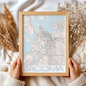 Impression de carte de Tacoma Washington - cadeau d'art mural personnalisé pour les habitants et les touristes, affiche décorative de décoration d'intérieur de Tacoma WA