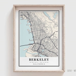 May include: A vintage style map print of Berkeley, California. The map shows the city streets and landmarks in black and white on a cream background. The city name, coordinates, and "California" are printed in black at the bottom of the map.