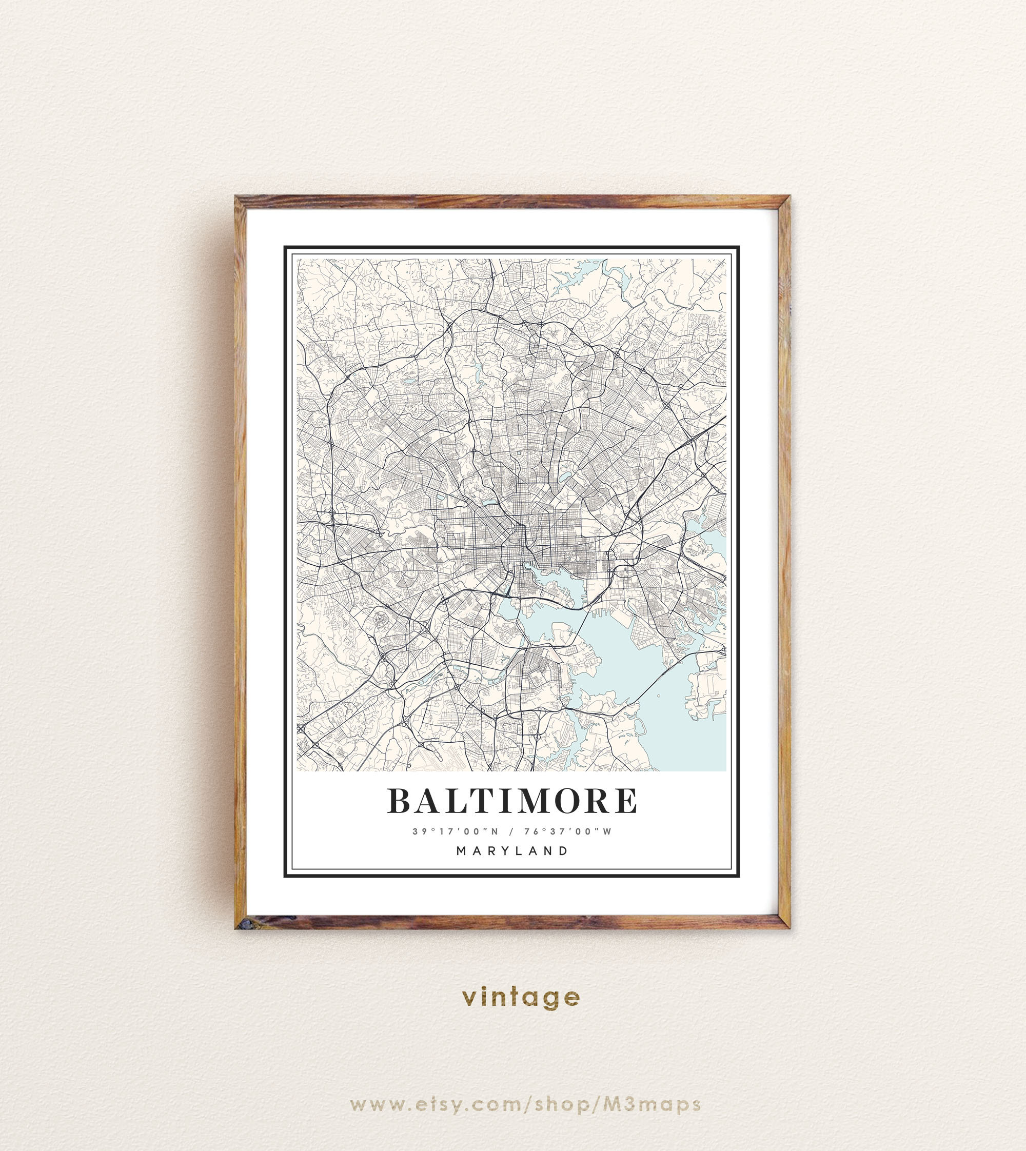 Impresión artística del mapa de Baltimore, Maryland: Arte mural de paisaje urbano