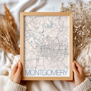 Cadeau carte Montgomery en Alabama : art mural vintage imprimé ville, décoration d'intérieur unique en Alabama, souvenir, cadeau d'anniversaire et de pendaison de crémaillère