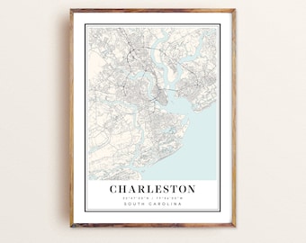 May include: A vintage style map print of Charleston, South Carolina. The map is in black and white with a light blue water feature. The text "Charleston, 32°47'00"N / 79°54'00"W, South Carolina" is printed below the map.