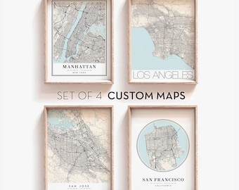 Set of 4 Custom City Map Prints: Personalized Wall Art