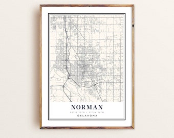 May include: A vintage style map print of Norman, Oklahoma. The map is in black and white with a cream background. The city name and coordinates are printed at the bottom of the map.