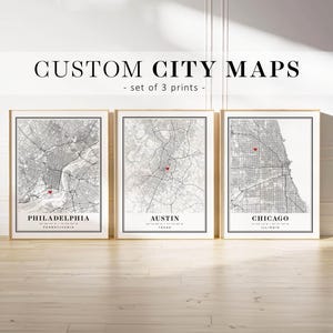 Custom City Map Print - Personalized Map Art Poster - Any City Wall Decor - Town Map Wall Art - Set of 3 maps - Unique Gift Idea