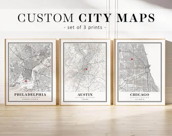 Custom City Map Art Print: Personalized Town Wall Decor (Set of 3)