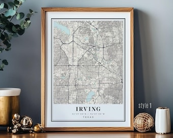 Irving TX Texas Map wall art city poster print decor