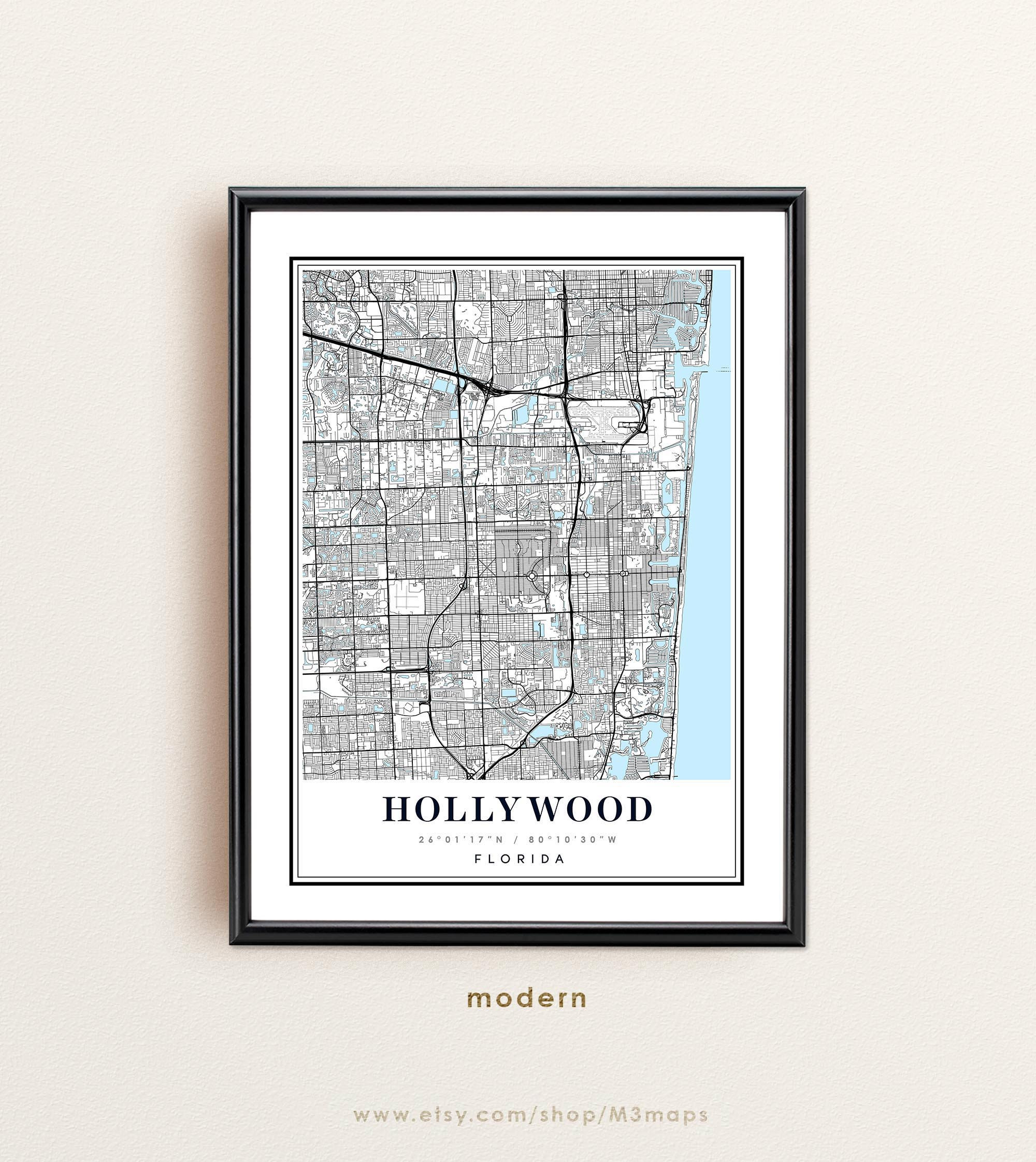 Hollywood Florida map Hollywood FL map Hollywood city map Etsy