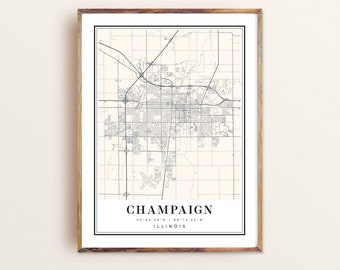 Impression artistique de la carte de l'Illinois de Champagne : plan de la ville personnalisé
