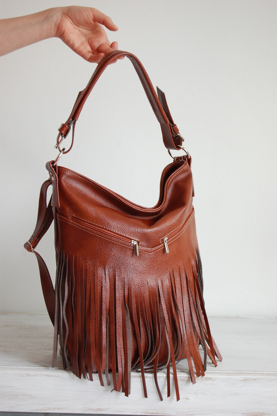 Cognac Leather Fringe Hobo Bag Fringe Bag Large Cross Body Etsy