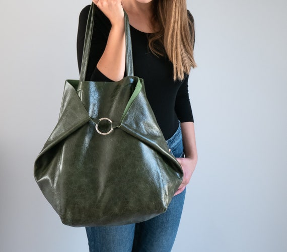 Dark GREEN OVERSIZE SHOPPER Bag Green Leather Shoulder Bag | Etsy