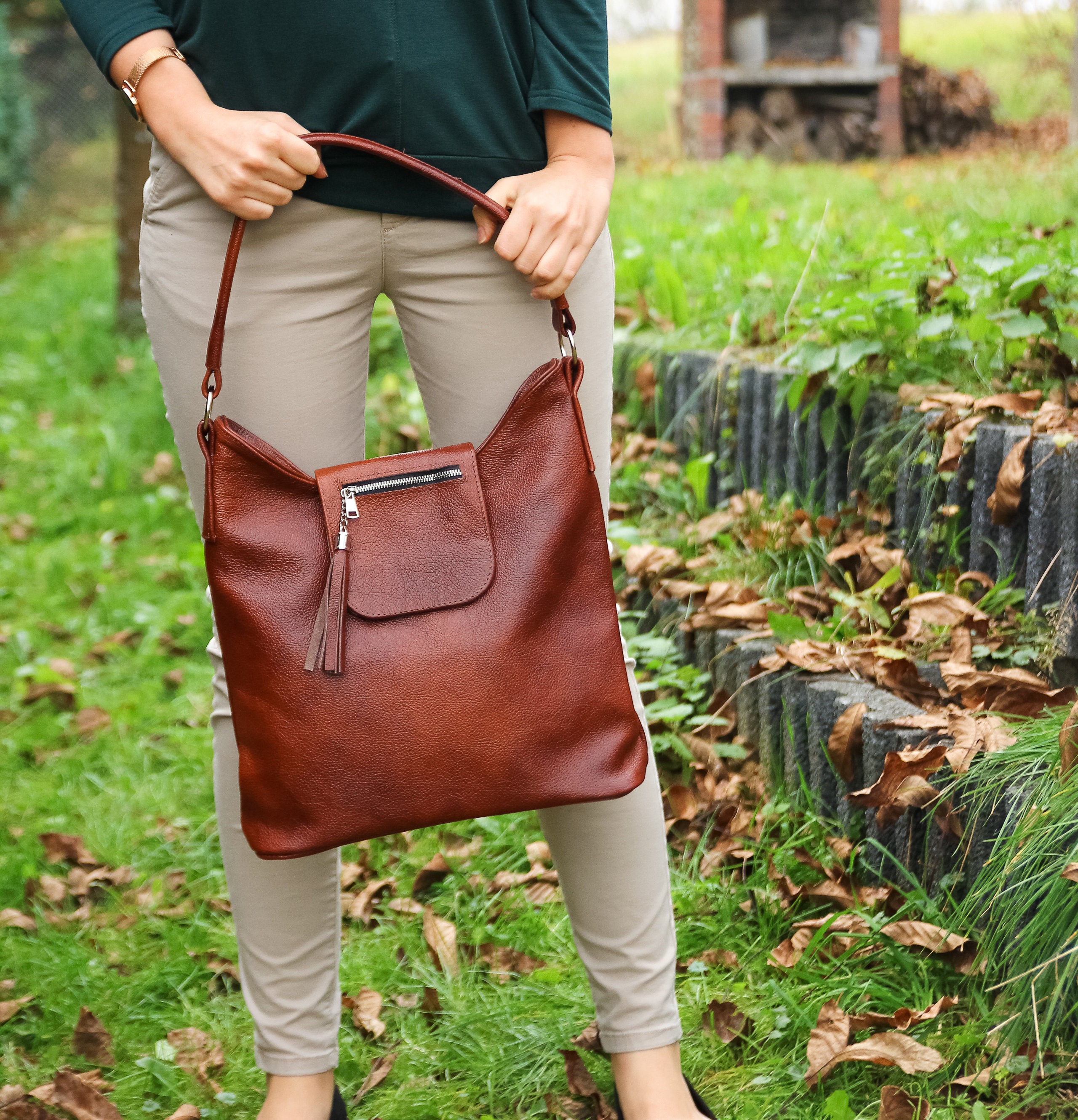 BROWN Leather Purse SHOULDER BAG Everyday Cognac Brown | Etsy