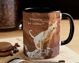 Explorer Cat "Where's My Coffee?" Accent Coffee Mug both left and right handed with colored interior and handle