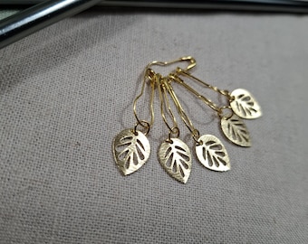 5er Set Maschenmarkierer, Maschenmarkierer goldene Blätter, Häkelzubehör, Strickzubehör, Garnmarkierer, Anhänger Blatt, Maschenmarker Blatt
