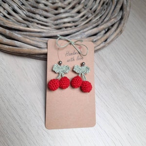 Cherry earring crocheted Rockabilly earrings 925 silver jewelry ear studs