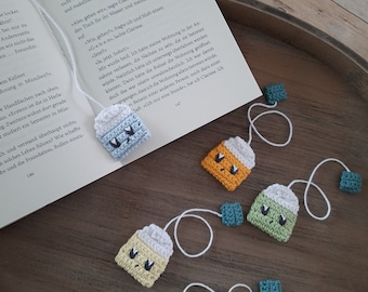 PDF instructions in German and English for bookmarks, crochet bookmark patterns, tea bag bookmarks, tea bag charms, crochet tea pattern