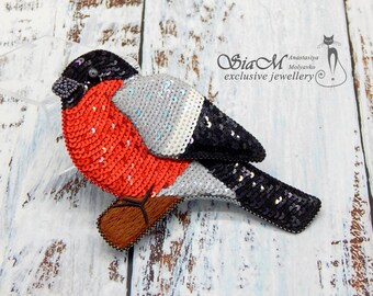 Bullfinch bird brooch handmade with Italian sequins, Japanese seed beads and genuine leather.