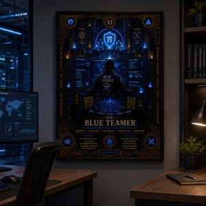 May include: A framed poster titled The Blue Teamer featuring a central figure in a jacket with a shield emblem, surrounded by digital data displays, glowing blue light accents, and intricate gold circuit board patterns on a dark background.