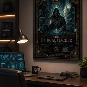 May include: A framed wall poster titled The Ethical Hacker, featuring a hooded figure holding a glowing key amidst digital data panels, security shields, and intricate gold-toned geometric borders on a dark background with text.