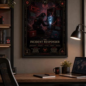 May include: A framed poster titled The Incident Responder featuring a dark, detailed illustration of a tactical figure working on a server rack. The artwork includes red and gold accents, technical text, and a central shield icon on a dark background.