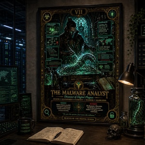 May include: A rectangular poster titled The Malware Analyst, Dissector of Digital Plagues, featuring a dark, glowing green illustration of a figure examining a creature. The poster includes technical data, diagrams, and text in a gothic frame.