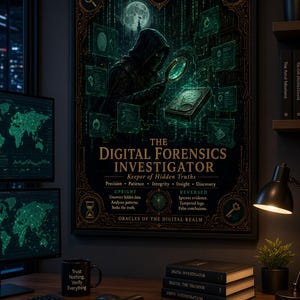 May include: A framed poster titled The Digital Forensics Investigator featuring a hooded figure with a magnifying glass over a hard drive, surrounded by digital data icons, text, and a moonlit background in shades of dark green and gold.