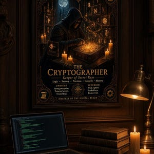 May include: A framed poster titled The Cryptographer, Keeper of Secret Keys, featuring a hooded figure working on a glowing box. Below, a laptop displays green code, with a stack of books, two lit candles, and a metal key on the desk.