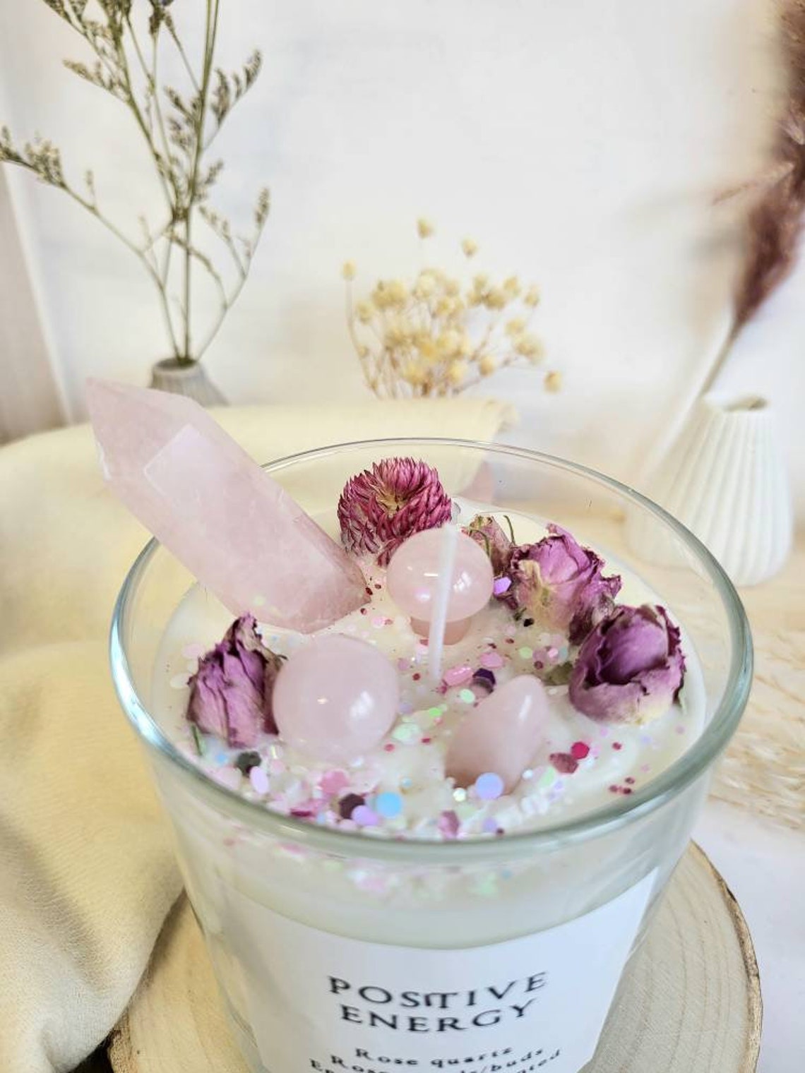 POSITIVE ENERGY CRYSTAL Rose Chakra Candle Quartz 8oz Vegan Cruelty ...