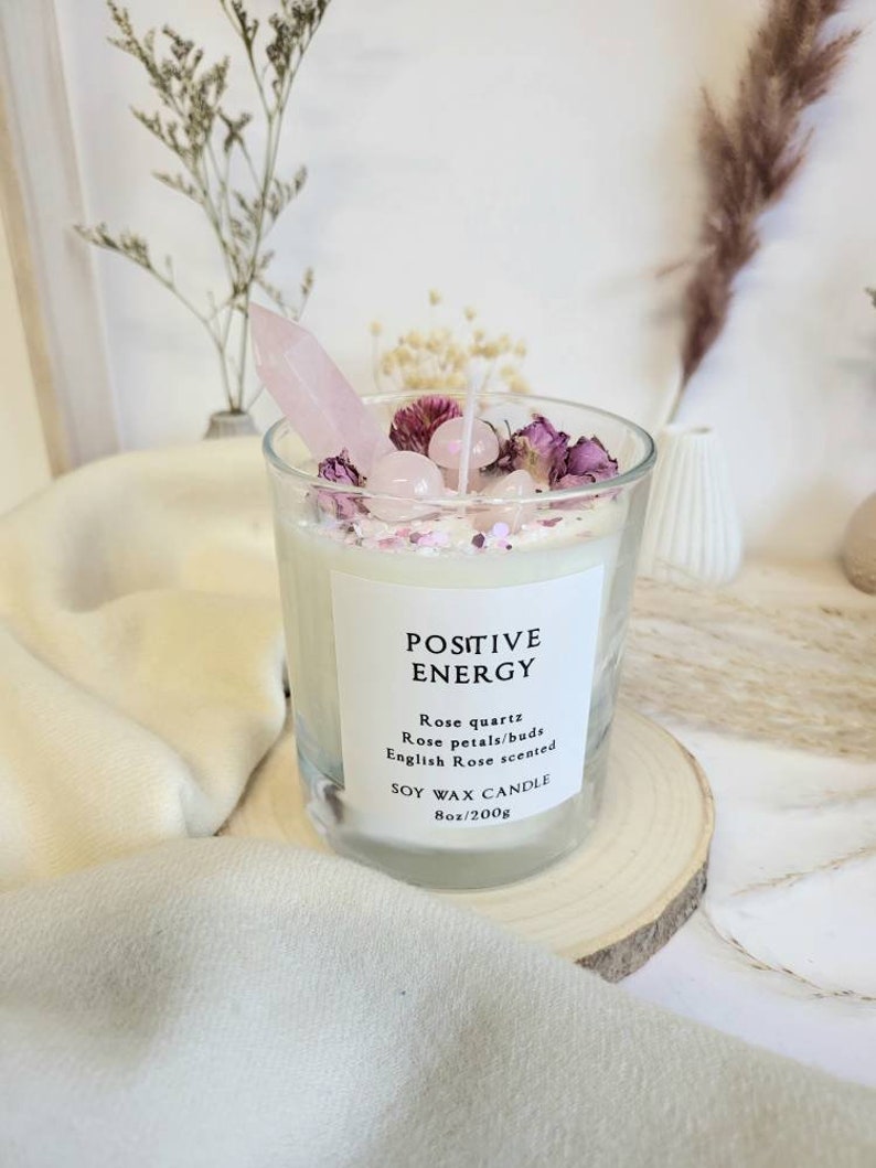 POSITIVE ENERGY CRYSTAL Rose Chakra Candle Quartz 8oz Vegan Cruelty ...