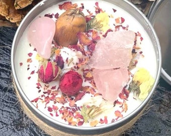 POSITIVE ENERGY CRYSTAL rose chakra candle quartz 8oz vegan cruelty free soy