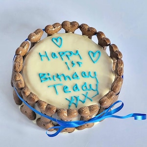 DOG BIRTHDAY CAKE treat food name personalised custom dog birthday party dog treats dog food blue writing