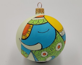 Elephant - Original Hand Painted Glass Christmas Ornament, painting on bauble