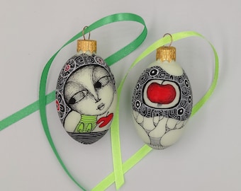 Set of 2 Hand Painted Easter Egg Ornaments, Eve, Apple, Apple Tree