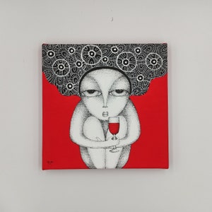 Woman with Wine - Small 6x6 Painting on Canvas Original Acrylic