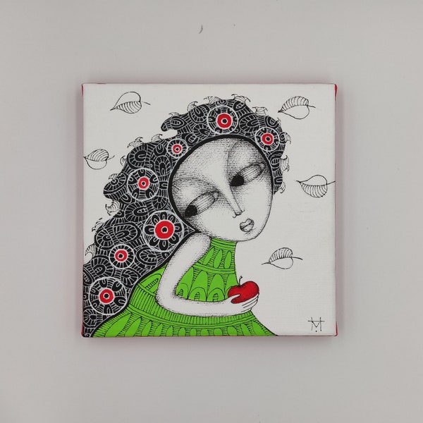 Eve And Apple - Small 6x6 Painting on Canvas Original Acrylic