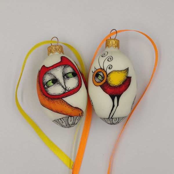 Set of 2 Hand Painted Easter Egg Ornaments, Cat, Birds