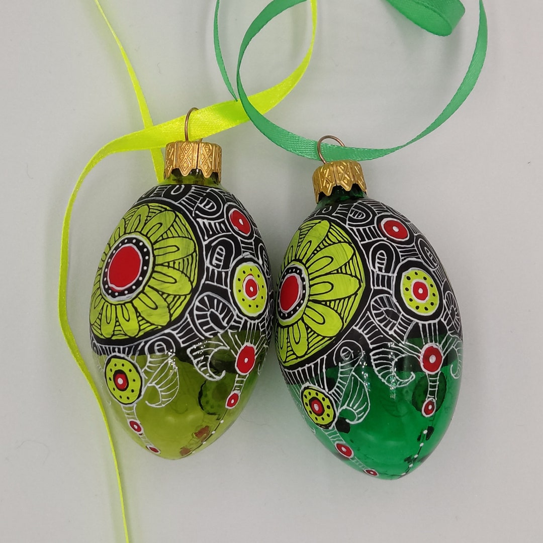 Set of 2 Green Hand Painted Easter Egg Ornaments Etsy