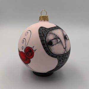 Original Christmas Ornament, Hand Painted, Glass Ball, Cat and Bird