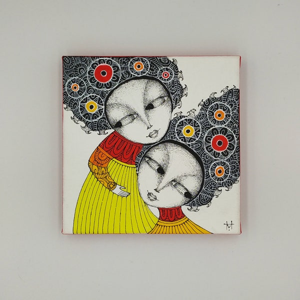 Sisters Painting - Small 6x6 Canvas Original Acrylic