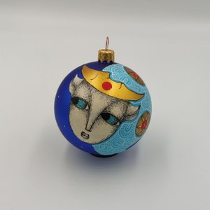 Bull with Moon Horns - Original Hand Painted Glass Christmas Ornament, painting on bauble