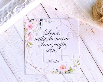 Witness puzzle, bridesmaid puzzle, personalized card, wedding card, Want to be my bereavement, wedding invitation, rose