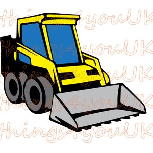 May include: A yellow and black toy construction vehicle with a gray bucket. The vehicle has a blue windshield and large black wheels.