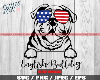 Patriotic English Bulldog SVG, Bulldog In Sunglasses Usa Flag SVG, Bulldog Mom, English Bulldog Mom, Bulldog Silhouette, Peeking Bulldog